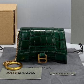 Balenciaga Hourglass Card Case with Chain in Green Shiny Crocodile Embossed Calfskin 2021 92789 (NM-21080519)