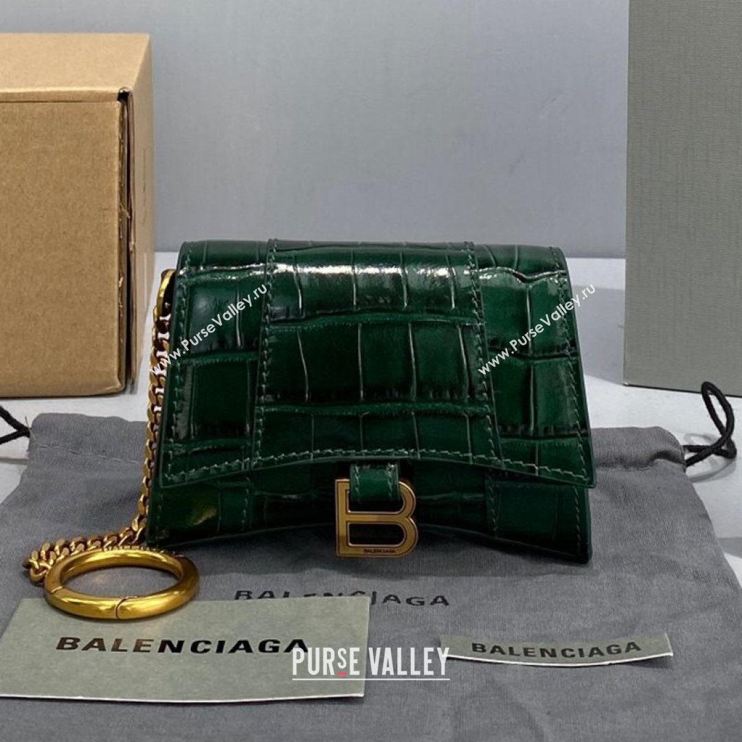 Balenciaga Hourglass Card Case with Chain in Green Shiny Crocodile Embossed Calfskin 2021 92789  (NM-21080519)