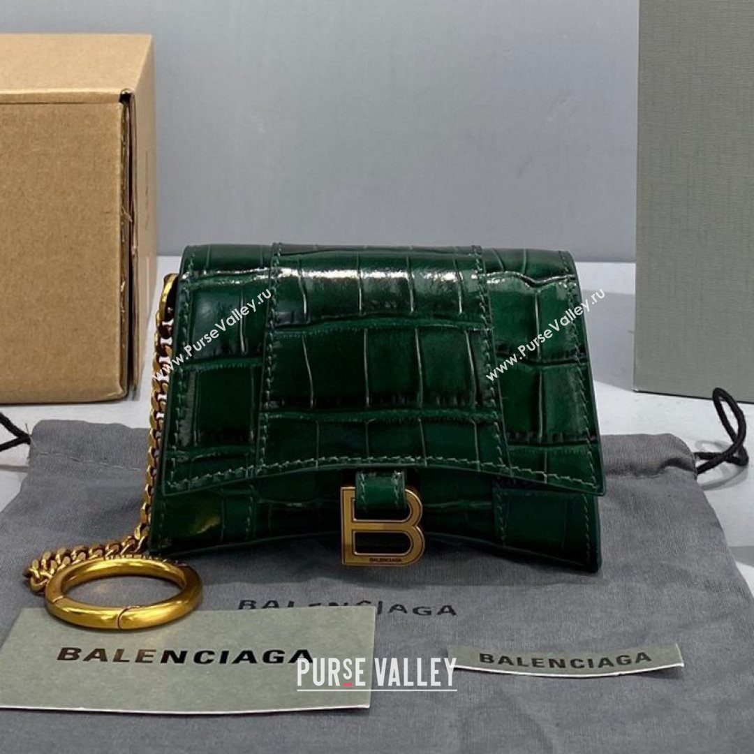 Balenciaga Hourglass Card Case with Chain in Green Shiny Crocodile Embossed Calfskin 2021 92789  (NM-21080519)