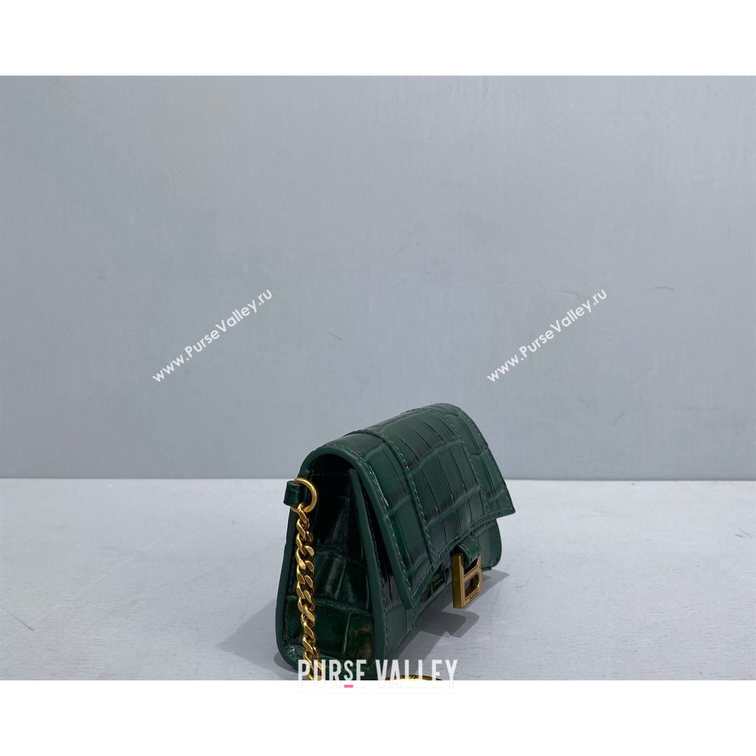 Balenciaga Hourglass Card Case with Chain in Green Shiny Crocodile Embossed Calfskin 2021 92789  (NM-21080519)