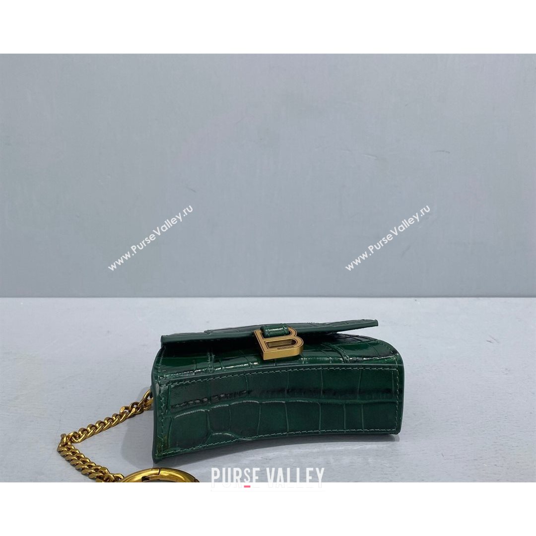 Balenciaga Hourglass Card Case with Chain in Green Shiny Crocodile Embossed Calfskin 2021 92789  (NM-21080519)