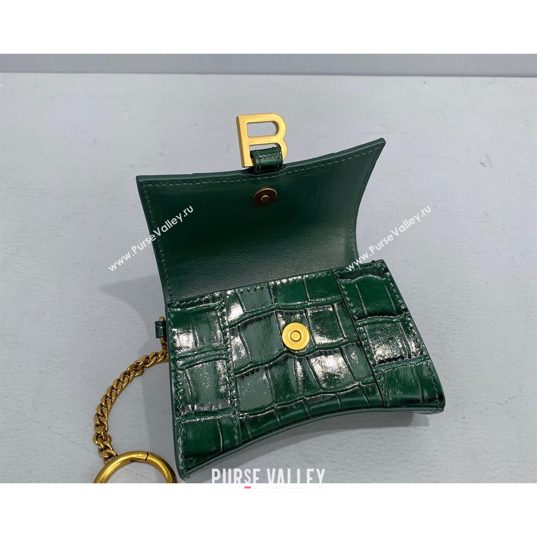 Balenciaga Hourglass Card Case with Chain in Green Shiny Crocodile Embossed Calfskin 2021 92789  (NM-21080519)