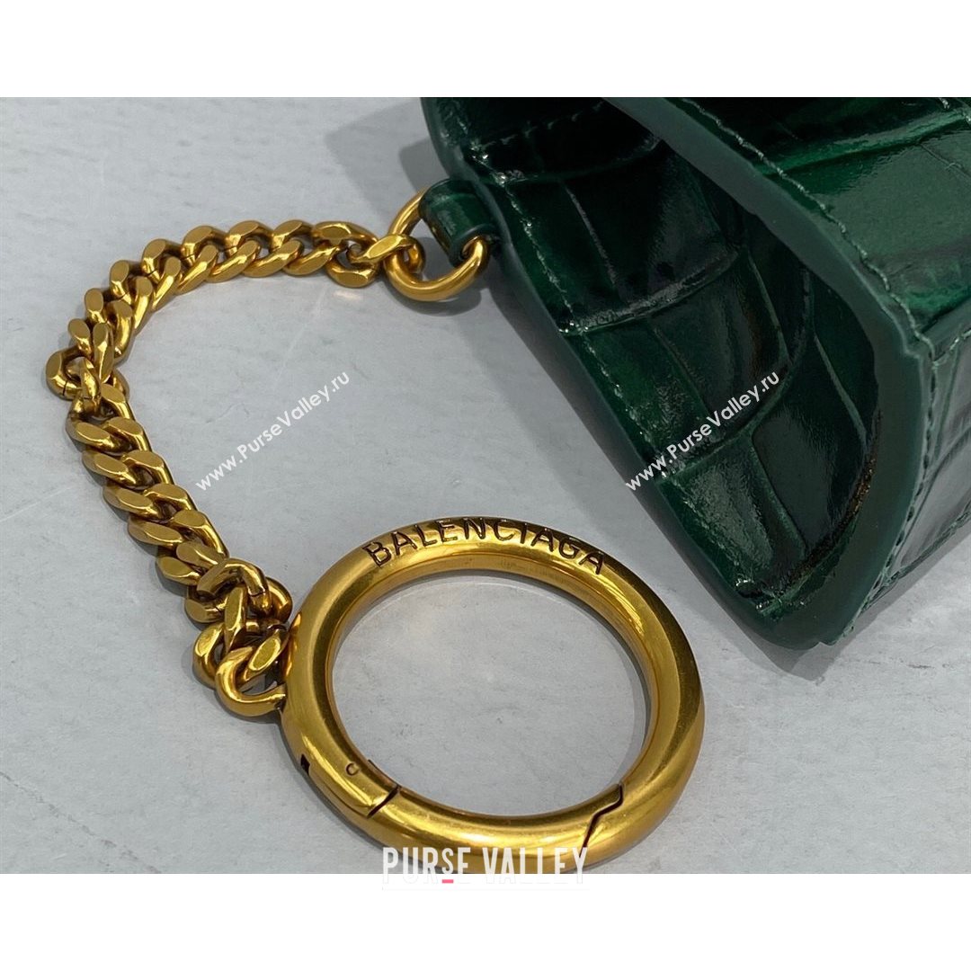 Balenciaga Hourglass Card Case with Chain in Green Shiny Crocodile Embossed Calfskin 2021 92789  (NM-21080519)