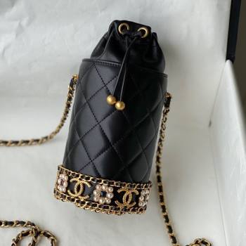 Chanel Lambskin Pearls & Gold-Tone Metal Bucket Hat AP2257 Black 2021 (SM-21082707)