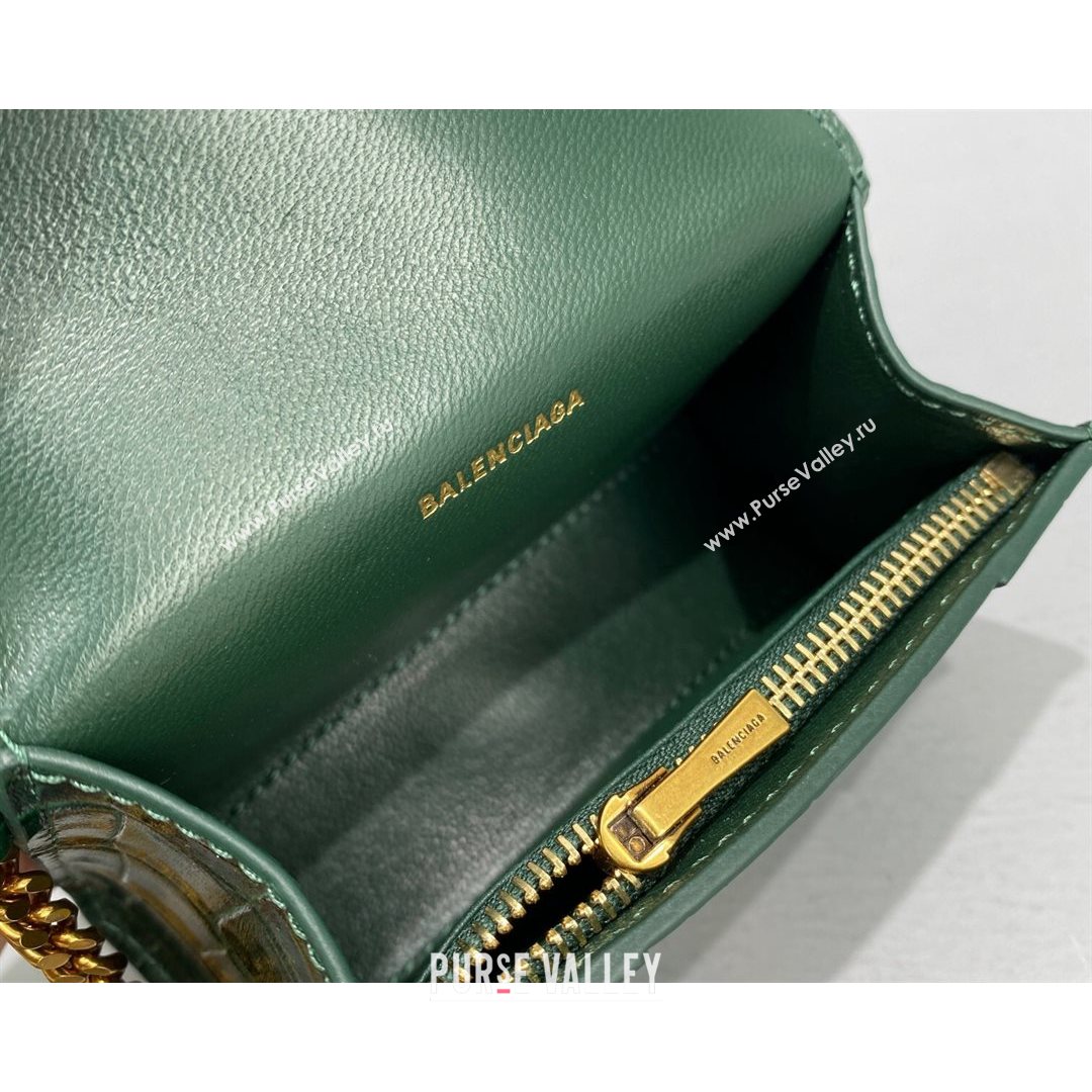 Balenciaga Hourglass Card Case with Chain in Green Shiny Crocodile Embossed Calfskin 2021 92789  (NM-21080519)