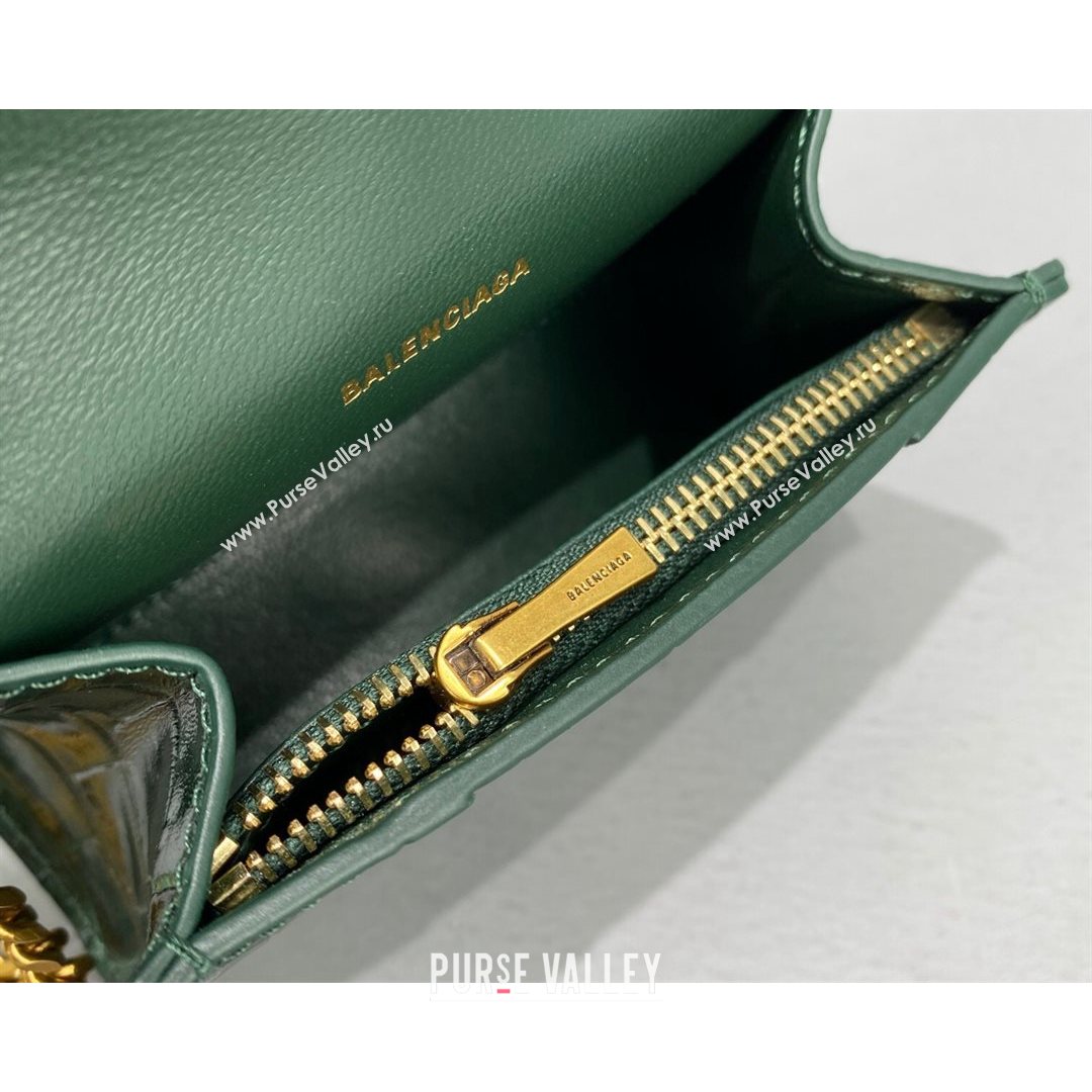 Balenciaga Hourglass Card Case with Chain in Green Shiny Crocodile Embossed Calfskin 2021 92789  (NM-21080519)