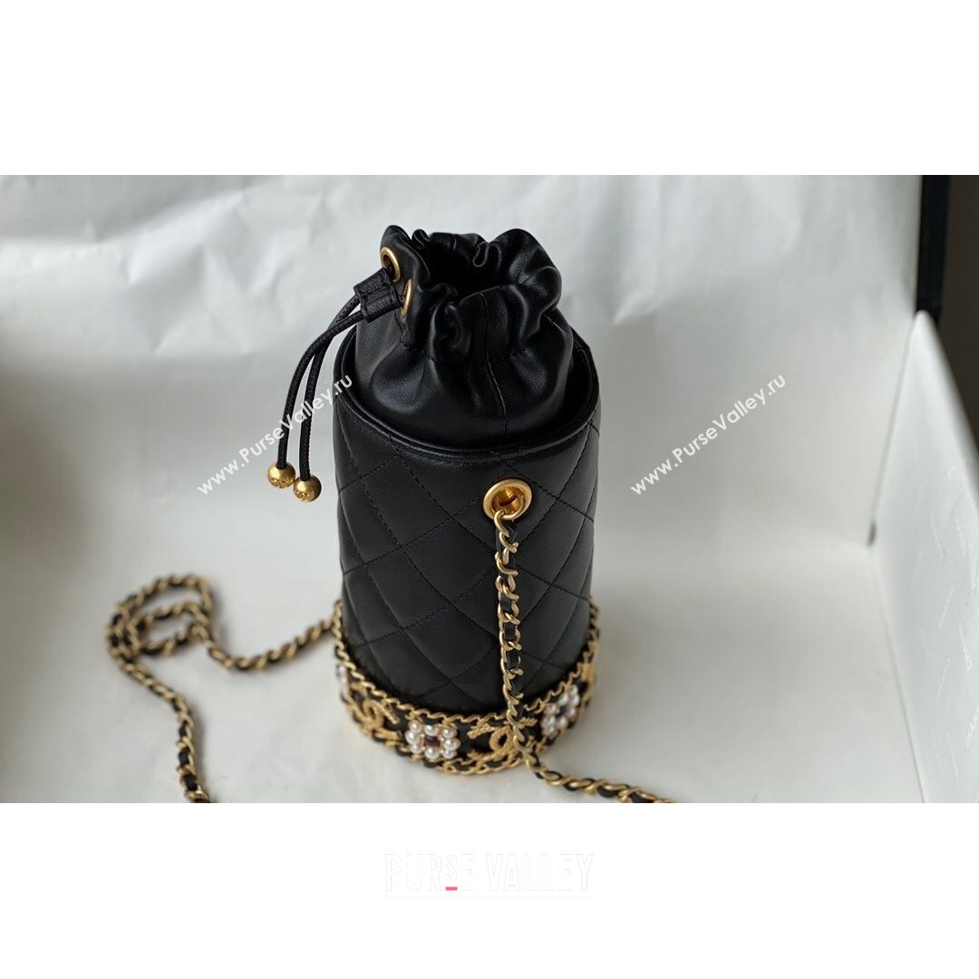 Chanel Lambskin Pearls & Gold-Tone Metal Bucket Hat AP2257 Black 2021 (SM-21082707)