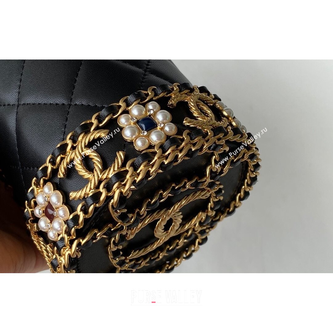 Chanel Lambskin Pearls & Gold-Tone Metal Bucket Hat AP2257 Black 2021 (SM-21082707)