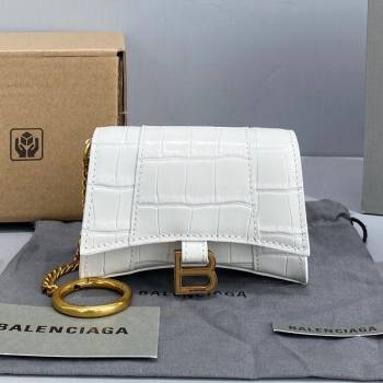 Balenciaga Hourglass Card Case with Chain in White Shiny Crocodile Embossed Calfskin 2021 92789 (NM-21080521)