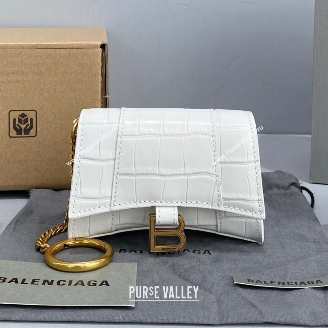 Balenciaga Hourglass Card Case with Chain in White Shiny Crocodile Embossed Calfskin 2021 92789  (NM-21080521)