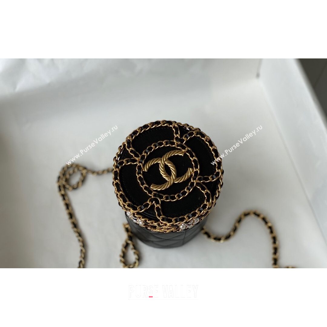 Chanel Lambskin Pearls & Gold-Tone Metal Bucket Hat AP2257 Black 2021 (SM-21082707)