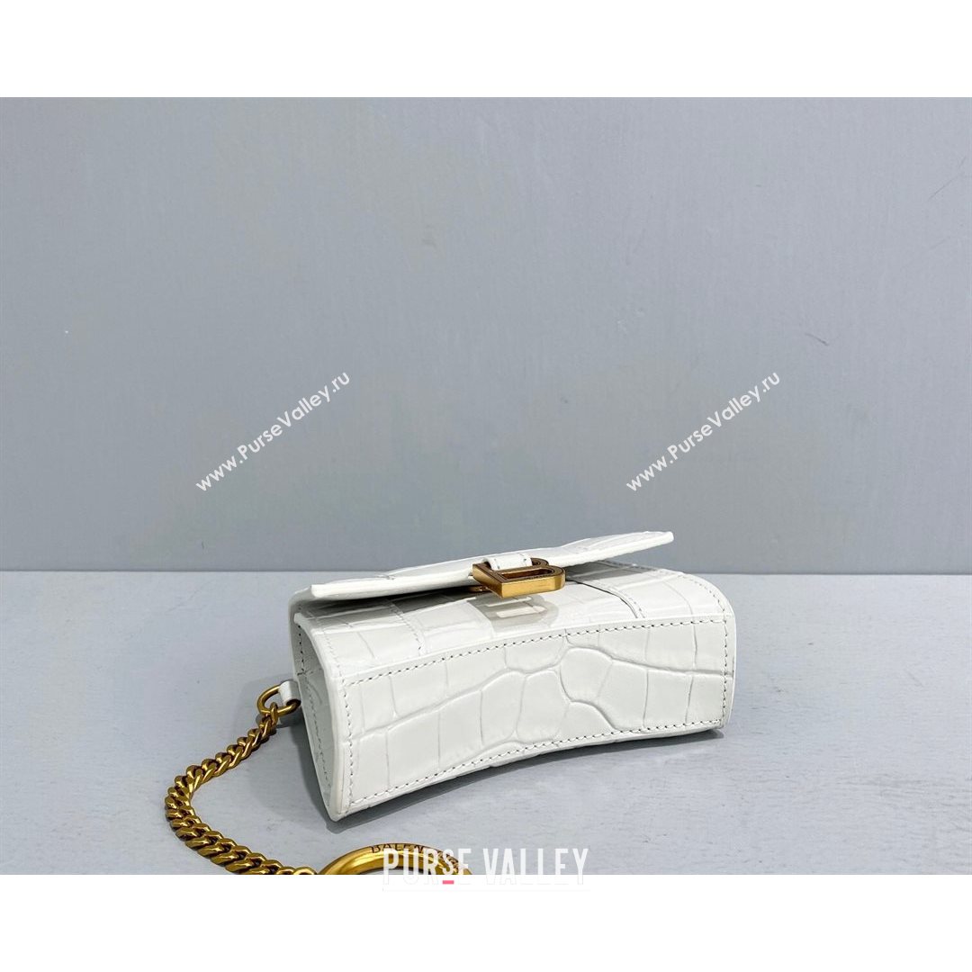 Balenciaga Hourglass Card Case with Chain in White Shiny Crocodile Embossed Calfskin 2021 92789  (NM-21080521)