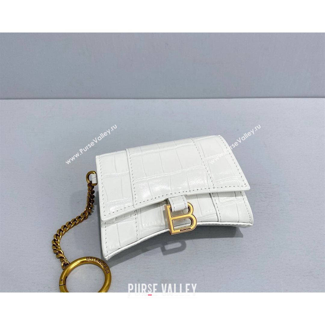 Balenciaga Hourglass Card Case with Chain in White Shiny Crocodile Embossed Calfskin 2021 92789  (NM-21080521)