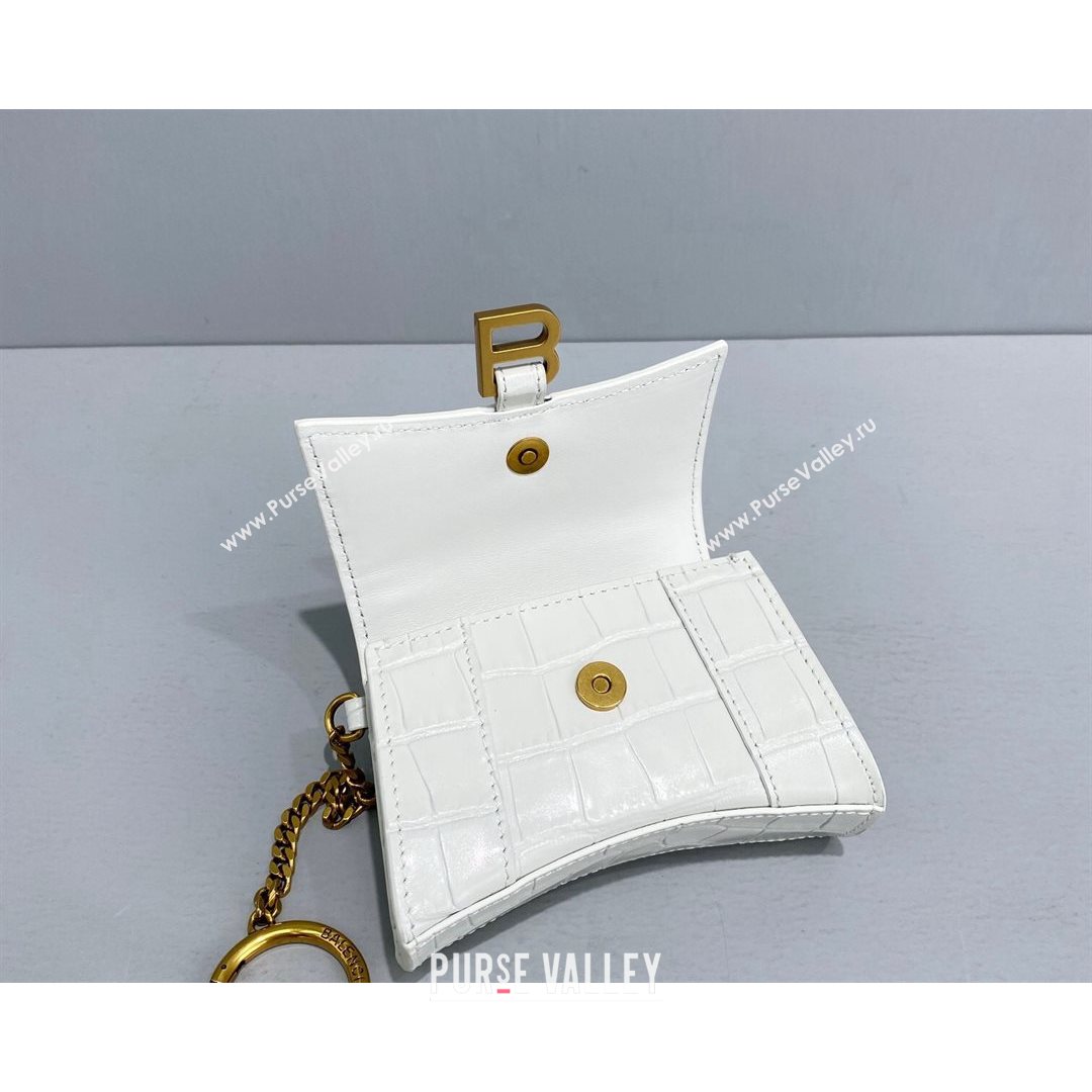 Balenciaga Hourglass Card Case with Chain in White Shiny Crocodile Embossed Calfskin 2021 92789  (NM-21080521)