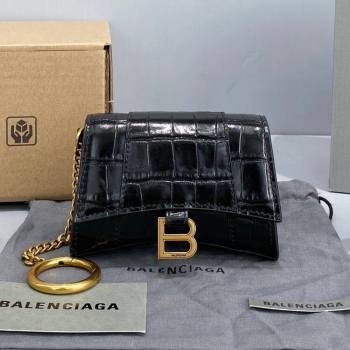 Balenciaga Hourglass Card Case with Chain in Black Shiny Crocodile Embossed Calfskin 2021 92789 (NM-21080522)