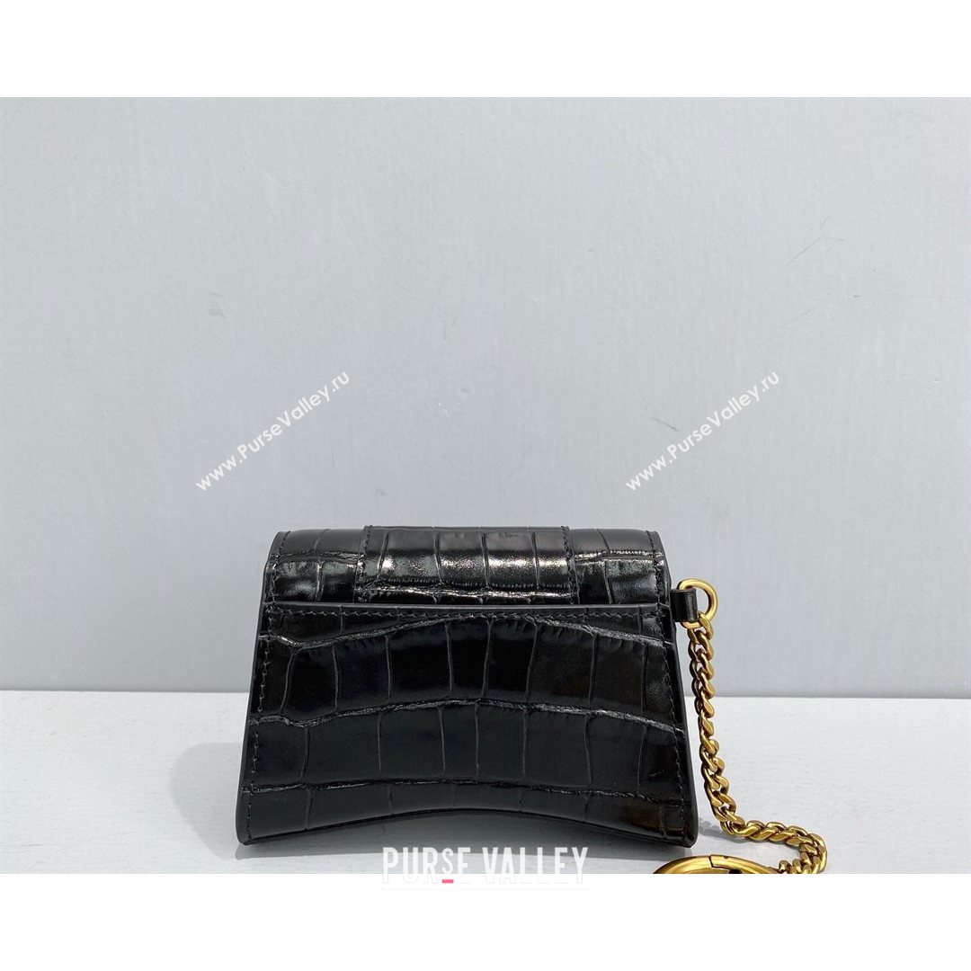 Balenciaga Hourglass Card Case with Chain in Black Shiny Crocodile Embossed Calfskin 2021 92789  (NM-21080522)