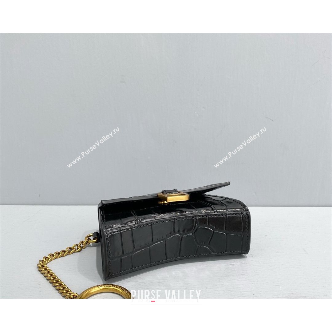 Balenciaga Hourglass Card Case with Chain in Black Shiny Crocodile Embossed Calfskin 2021 92789  (NM-21080522)