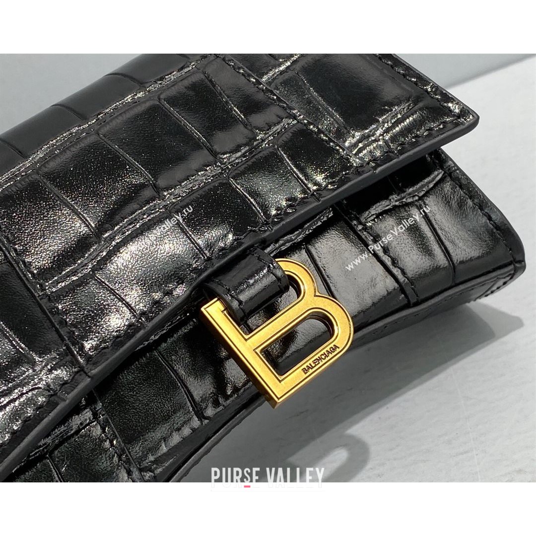 Balenciaga Hourglass Card Case with Chain in Black Shiny Crocodile Embossed Calfskin 2021 92789  (NM-21080522)