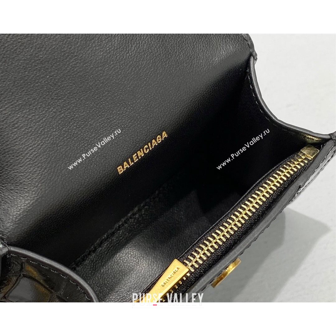 Balenciaga Hourglass Card Case with Chain in Black Shiny Crocodile Embossed Calfskin 2021 92789  (NM-21080522)