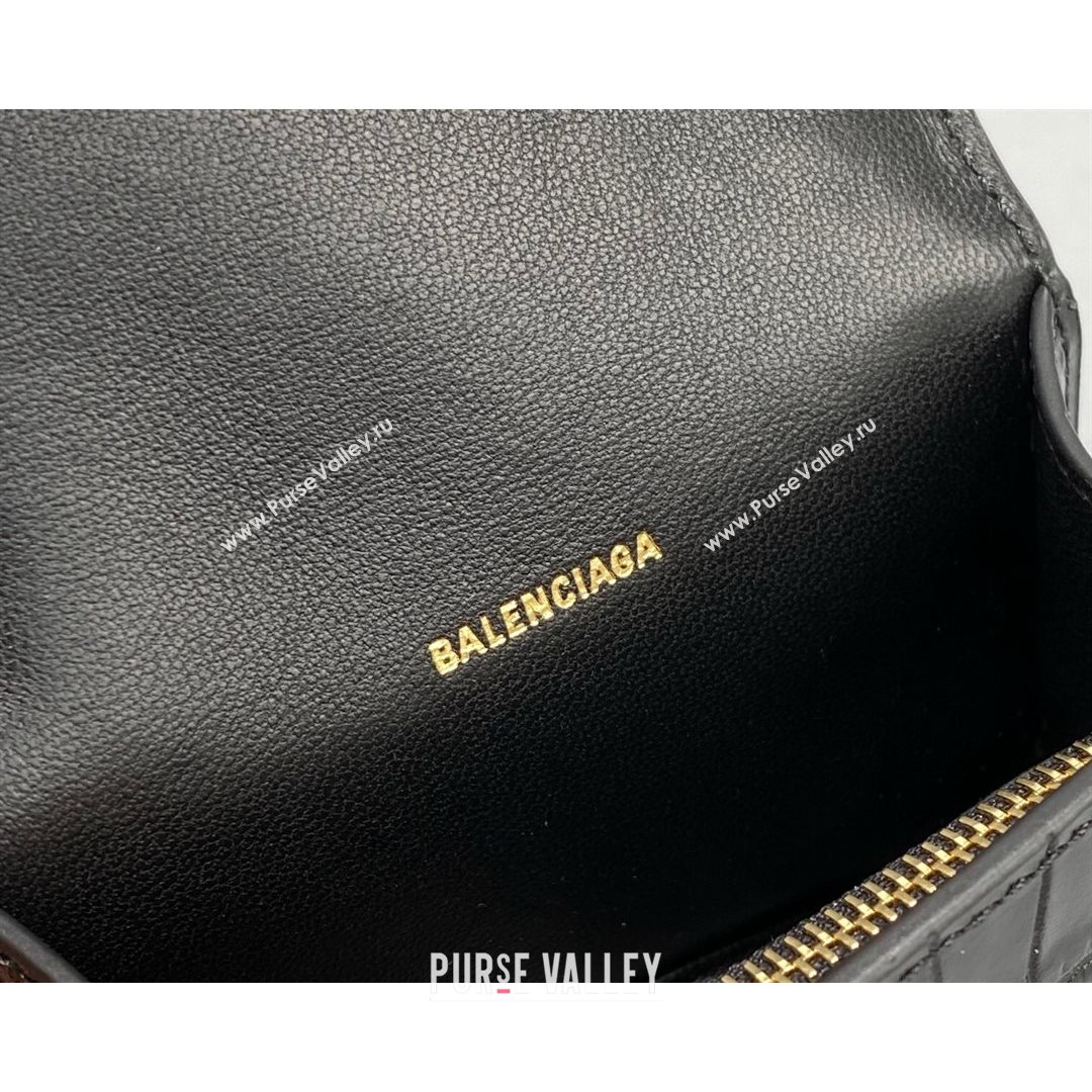 Balenciaga Hourglass Card Case with Chain in Black Shiny Crocodile Embossed Calfskin 2021 92789  (NM-21080522)