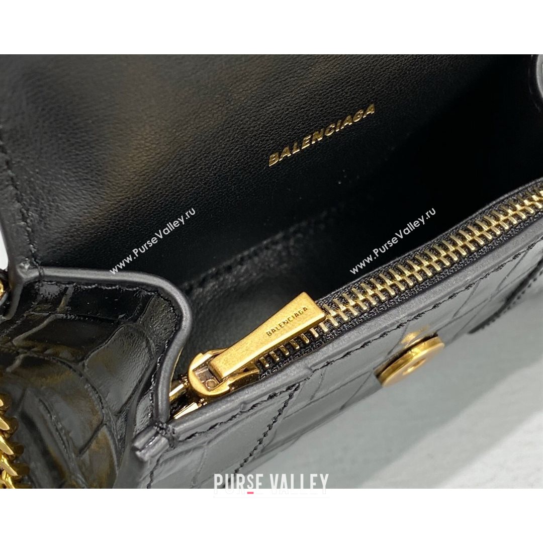 Balenciaga Hourglass Card Case with Chain in Black Shiny Crocodile Embossed Calfskin 2021 92789  (NM-21080522)