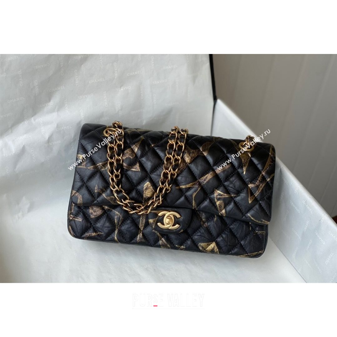 Chanel Print Crumpled Lambskin Classic Medium Flap Bag A01112 Black/Gold 2021 (SM-21082713)