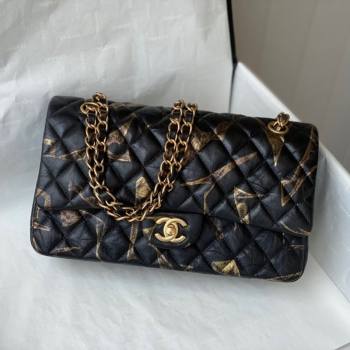 Chanel Print Crumpled Lambskin Classic Medium Flap Bag A01112 Black/Gold 2021 (SM-21082713)