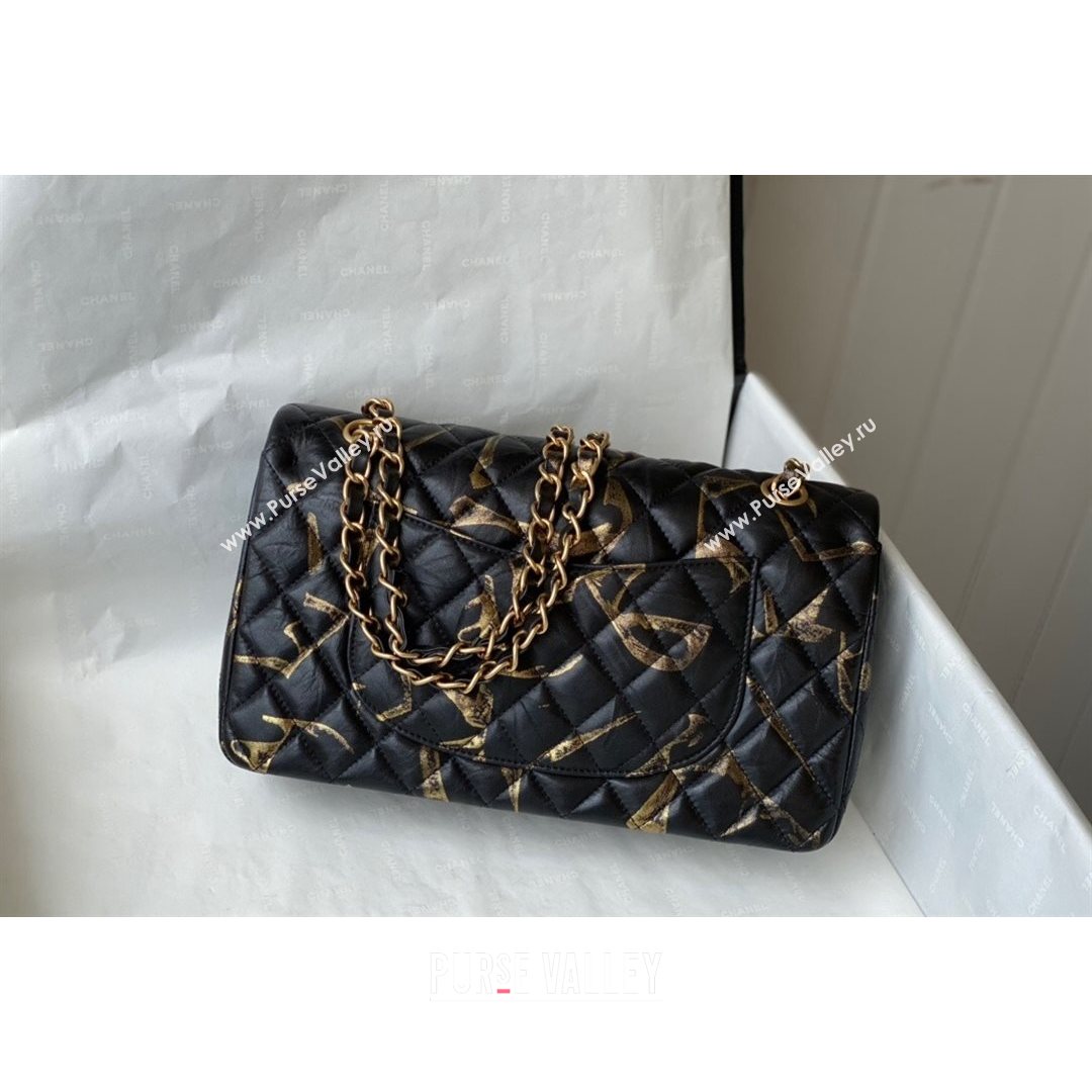 Chanel Print Crumpled Lambskin Classic Medium Flap Bag A01112 Black/Gold 2021 (SM-21082713)