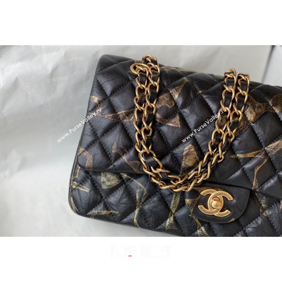 Chanel Print Crumpled Lambskin Classic Medium Flap Bag A01112 Black/Gold 2021 (SM-21082713)