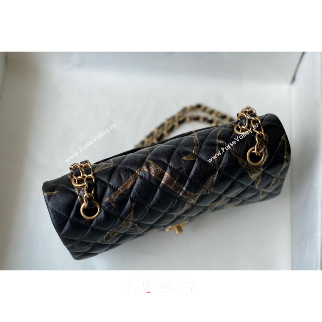 Chanel Print Crumpled Lambskin Classic Medium Flap Bag A01112 Black/Gold 2021 (SM-21082713)