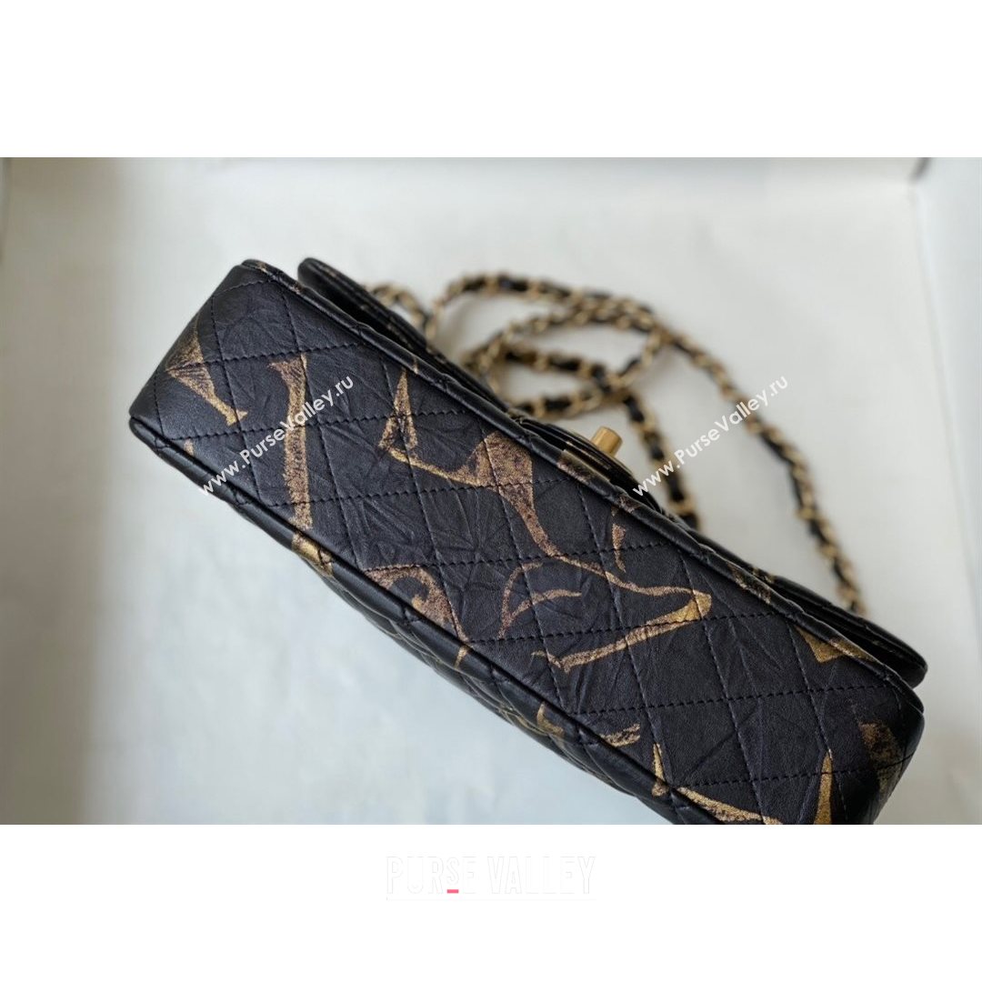 Chanel Print Crumpled Lambskin Classic Medium Flap Bag A01112 Black/Gold 2021 (SM-21082713)