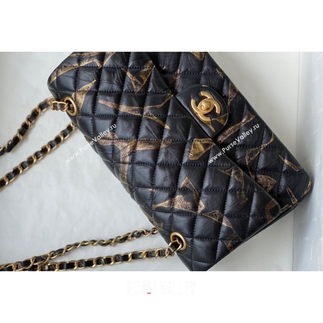 Chanel Print Crumpled Lambskin Classic Medium Flap Bag A01112 Black/Gold 2021 (SM-21082713)