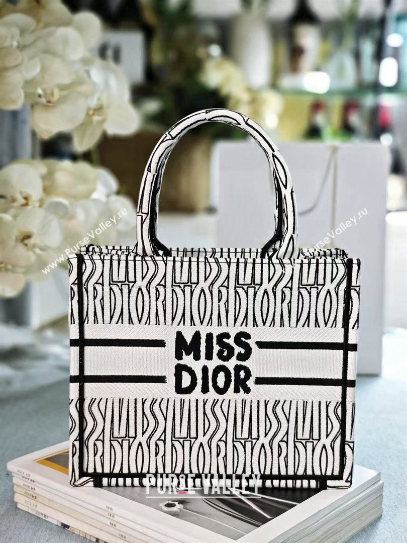 Dior Small Book Tote bag in White and Black Miss Dior Allover Embroidery 1286 2024 (DMZ-24082311)