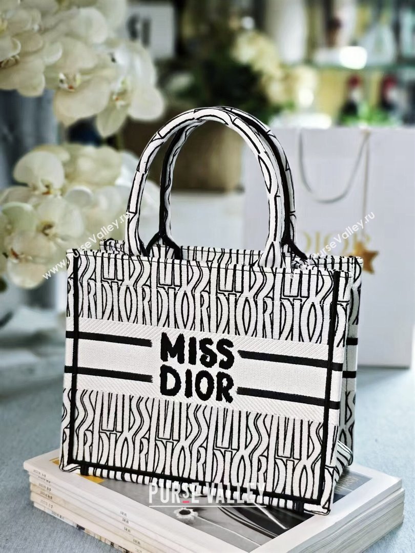 Dior Small Book Tote bag in White and Black Miss Dior Allover Embroidery 1286 2024 (DMZ-24082311)