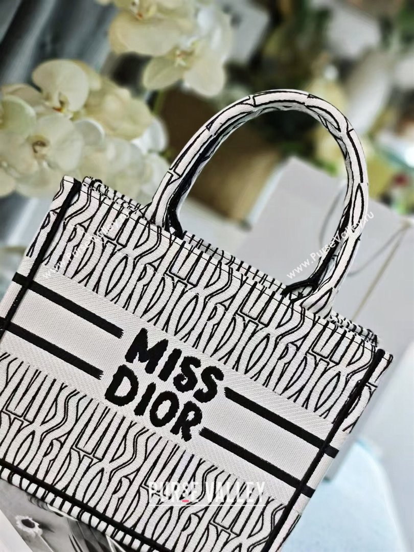 Dior Small Book Tote bag in White and Black Miss Dior Allover Embroidery 1286 2024 (DMZ-24082311)