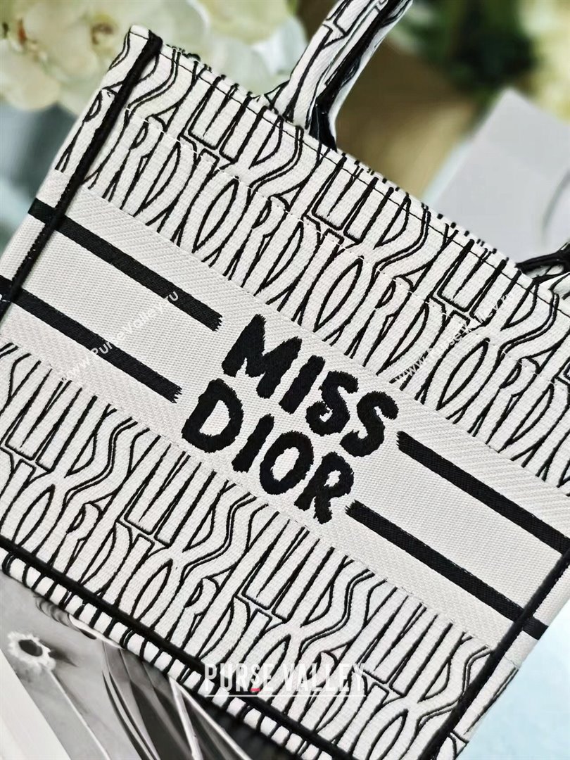 Dior Small Book Tote bag in White and Black Miss Dior Allover Embroidery 1286 2024 (DMZ-24082311)