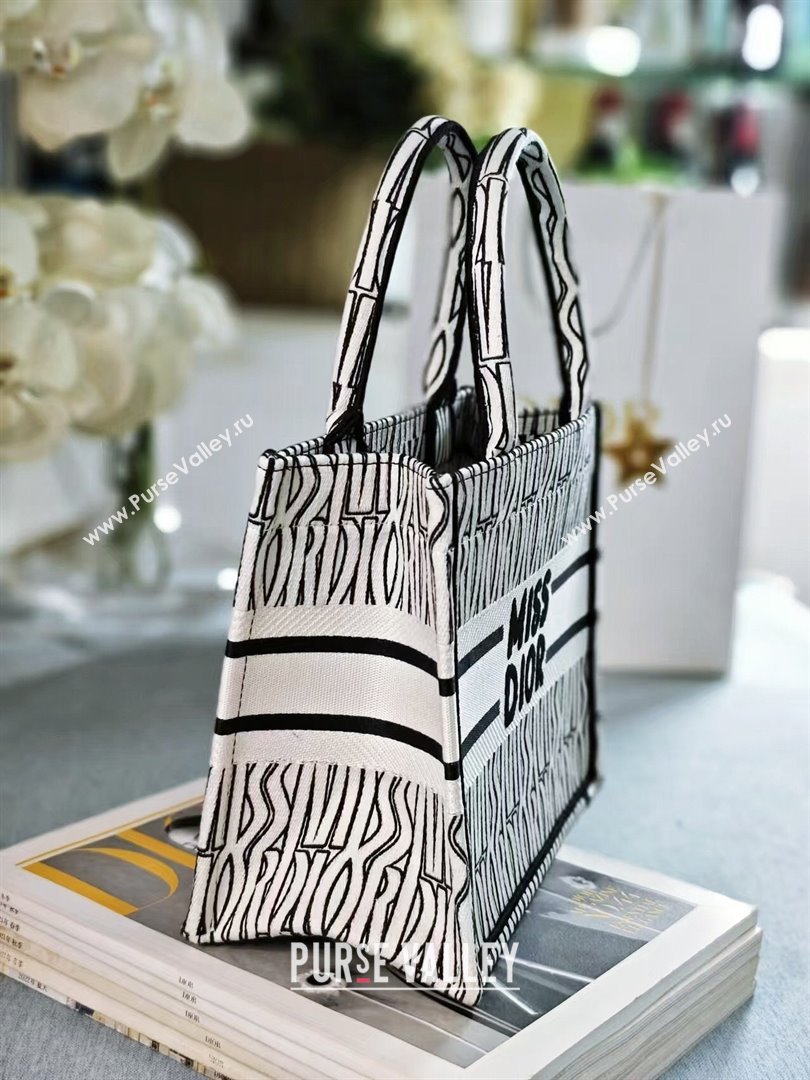 Dior Small Book Tote bag in White and Black Miss Dior Allover Embroidery 1286 2024 (DMZ-24082311)