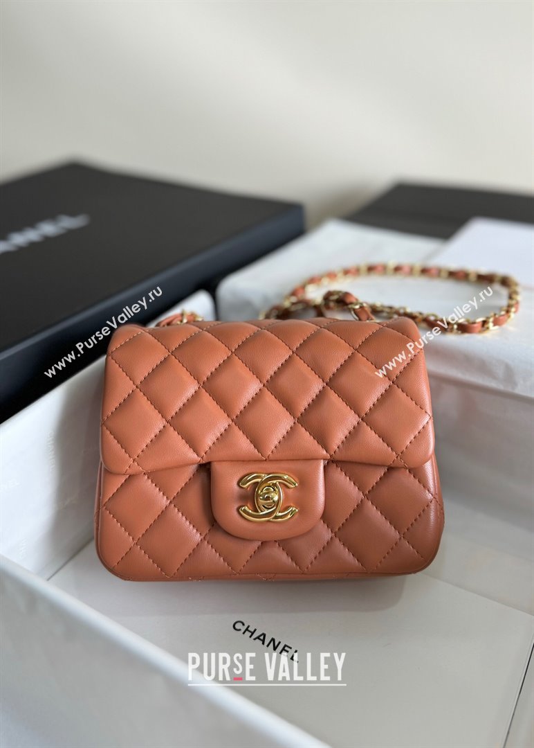 Chanel Lambskin Mini Square Classic Flap Bag A01115 Caramel/Gold 2024 (YUND-24070206)