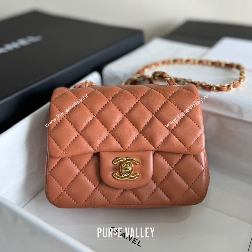 Chanel Lambskin Mini Square Classic Flap Bag A01115 Caramel/Gold 2024 (YUND-24070206)