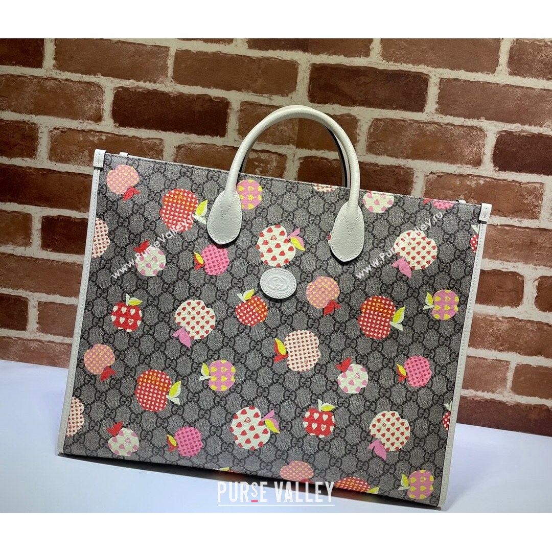 Gucci GG Canvas Large Tote Bag With Printed Apples ‎659980 White 2021 (DLH-210821057)