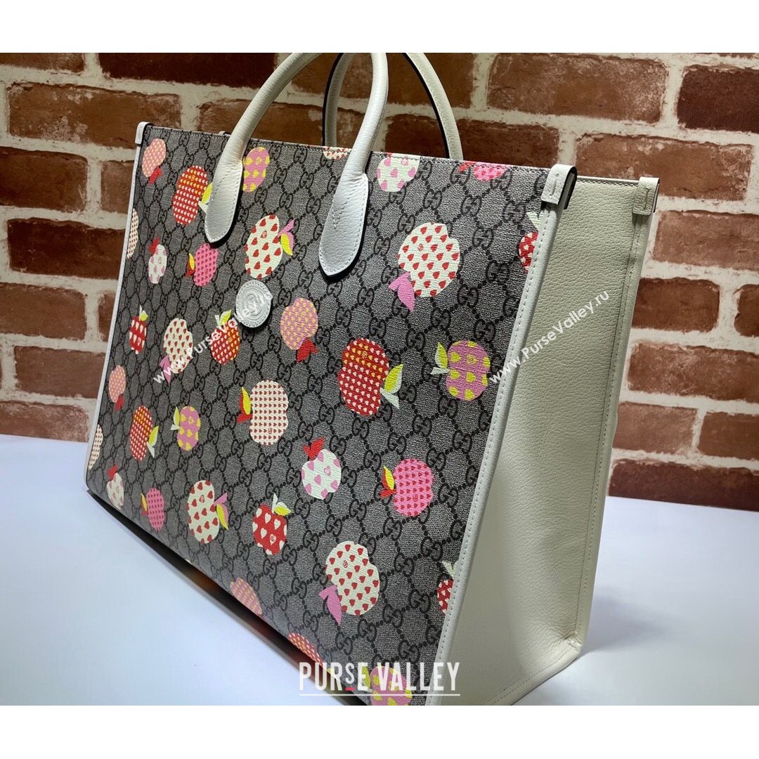 Gucci GG Canvas Large Tote Bag With Printed Apples ‎659980 White 2021 (DLH-210821057)