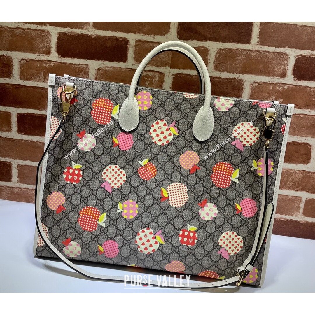 Gucci GG Canvas Large Tote Bag With Printed Apples ‎659980 White 2021 (DLH-210821057)