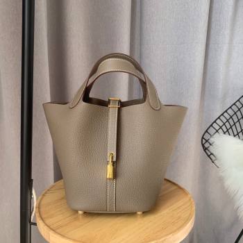 Hermes Picotin Lock Bag 18cm/22cm in Taurillon Clemence Leather Etoupe/Gold 2023 (Handmade) (M-23110703)