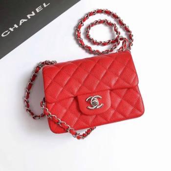 Chanel Grained Calfskin Mini Square Classic Flap Bag A01115 Red/Silver 2024 (YUND-24070226)