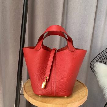 Hermes Picotin Lock Bag 18cm/22cm in Taurillon Clemence Leather Red/Gold 2023 (Handmade) (M-23110706)