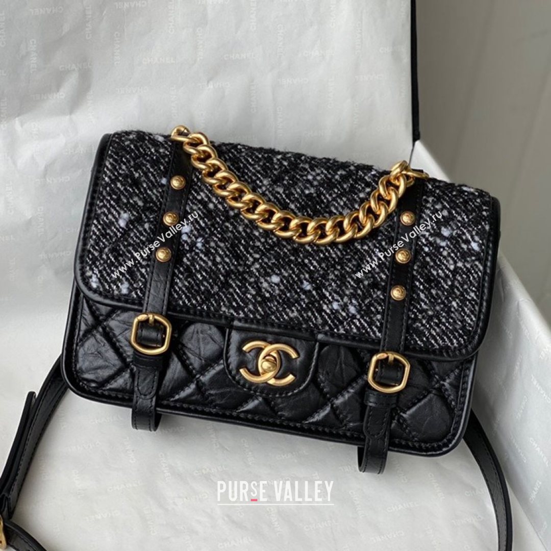 Chanel Tweed & Aged Calfskin Messenger Flap Bag AS2696 Black/White 2021 (SM-21082735)