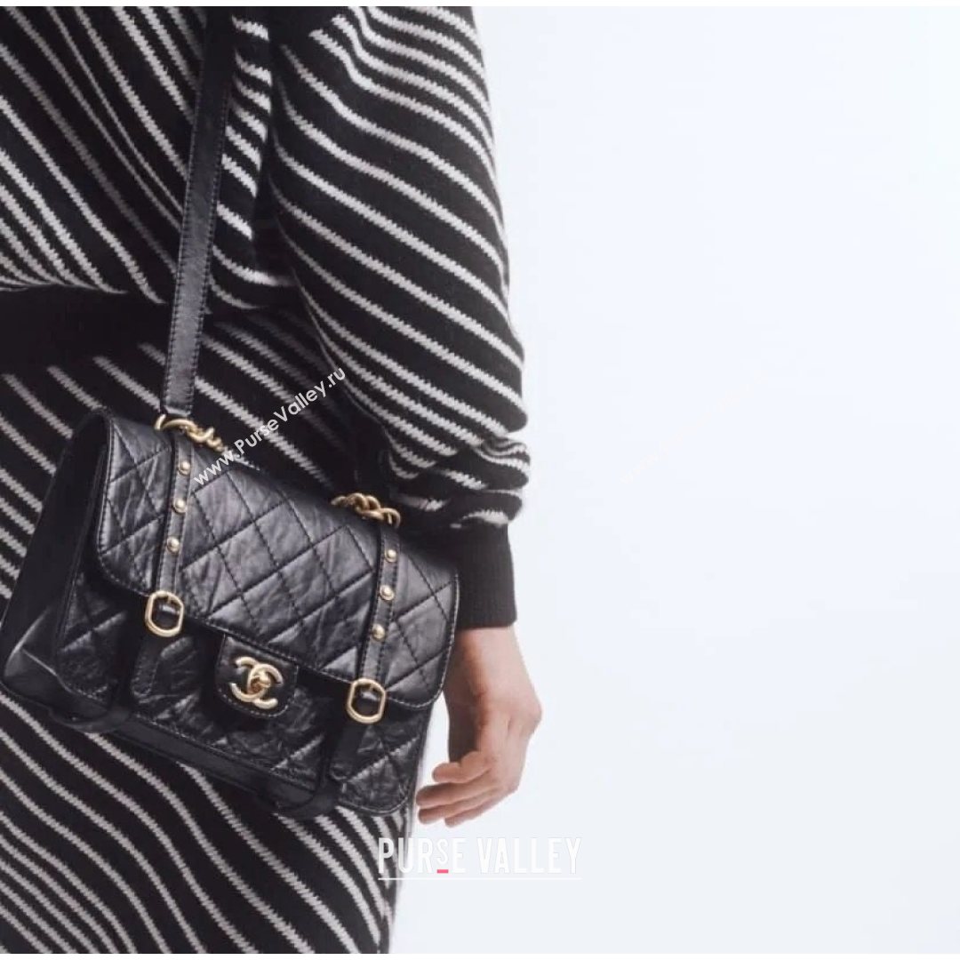 Chanel Aged Calfskin Messenger Flap Bag AS2696 Black/Gold 2021 (SM-21082739)