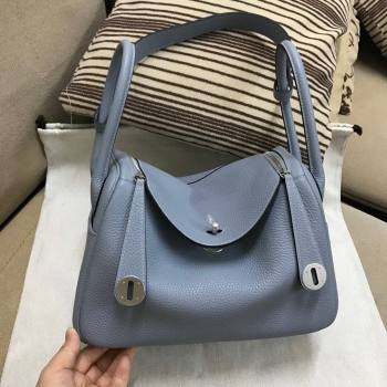 Hermes Lindy 26/30 Bag in Original Taurillon Clemence Leather Linen Blue/Silver 2024(Full Handmade) (XYA-24051502)