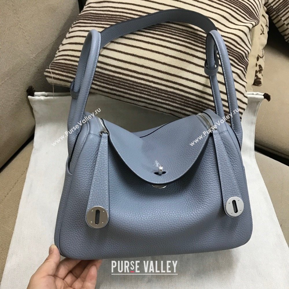 Hermes Lindy 26/30 Bag in Original Taurillon Clemence Leather Linen Blue/Silver 2024(Full Handmade) (XYA-24051502)