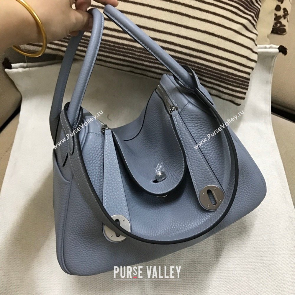 Hermes Lindy 26/30 Bag in Original Taurillon Clemence Leather Linen Blue/Silver 2024(Full Handmade) (XYA-24051502)